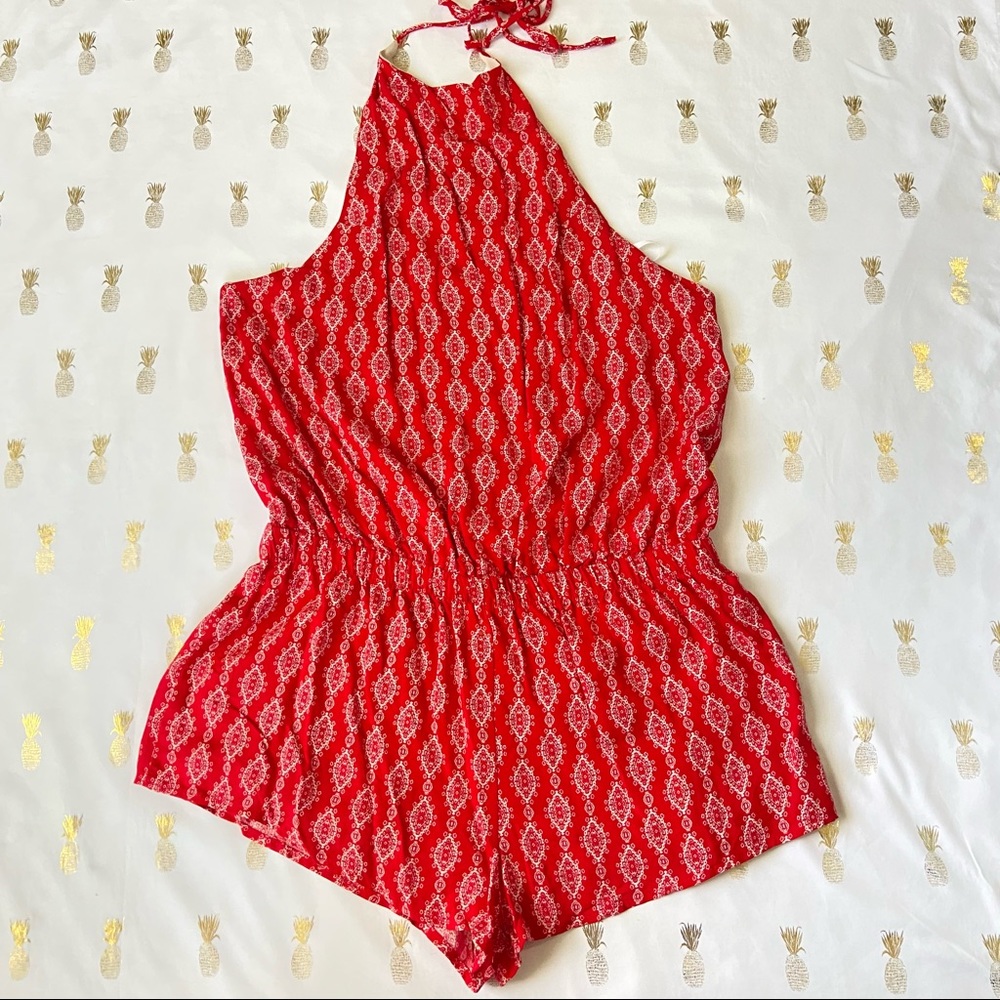 NWT Honey Punch Red White Paisley Halter Open Back Romper